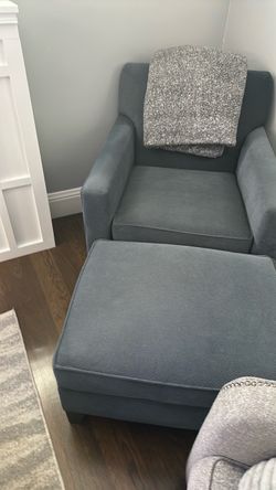 Blue-Gray Upholstered Accent Chair with Ottoman