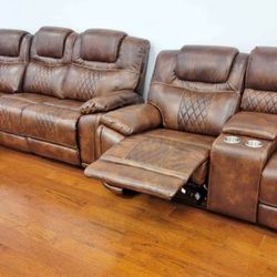 Summer sale event. Santiago brown leather reclining sofa and loveseat set now $1199. Easy finance option. Same-day delivery.