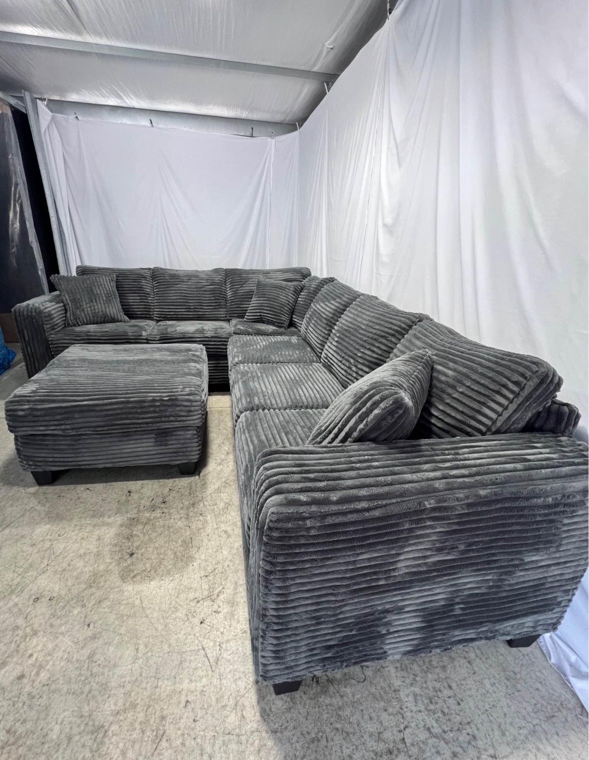 Gray Corduroy Sectional Couch With Ottoman 