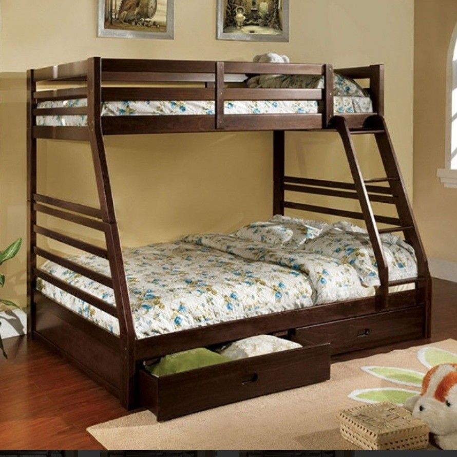Brand New Espresso Twin Over Full Bunk Bed w Trundle Drawers