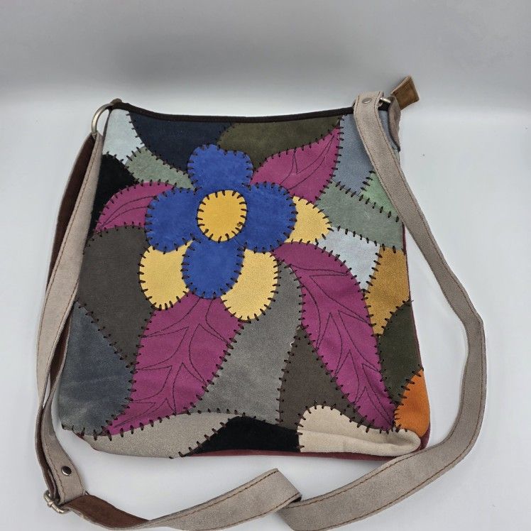 New Suede Multicolored Floral Crossbody Purse Bohemiam Hippie Grunge Style 