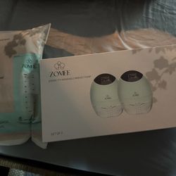 zomee breast pump + milk storage bags + cool lactation massager 