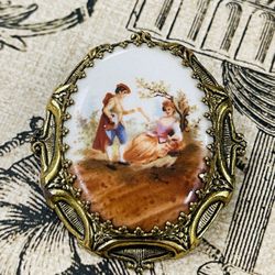 Vintage Courtship Scene Porcelain Brooch