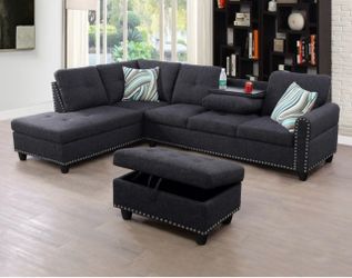 Charcoal linen sectional couch with drop down table and ottoman
