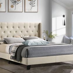 (NEW IN BOX)Cream  Full, Queen & King Size Tufted Platform Bed Frame With Nailhead Trim 