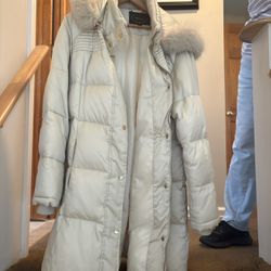 1 Madison Women’s Long Puffer Coat w/ Faux Fur Hood – Cream/Beige 