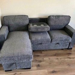 Gray Beige colors Reversible sectional Pull out sofa bed with USB and Cup holders