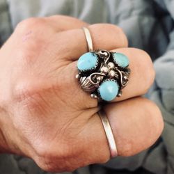Navajo Handcrafted Turquoise & Sterling Cluster Ring Sz 8.5