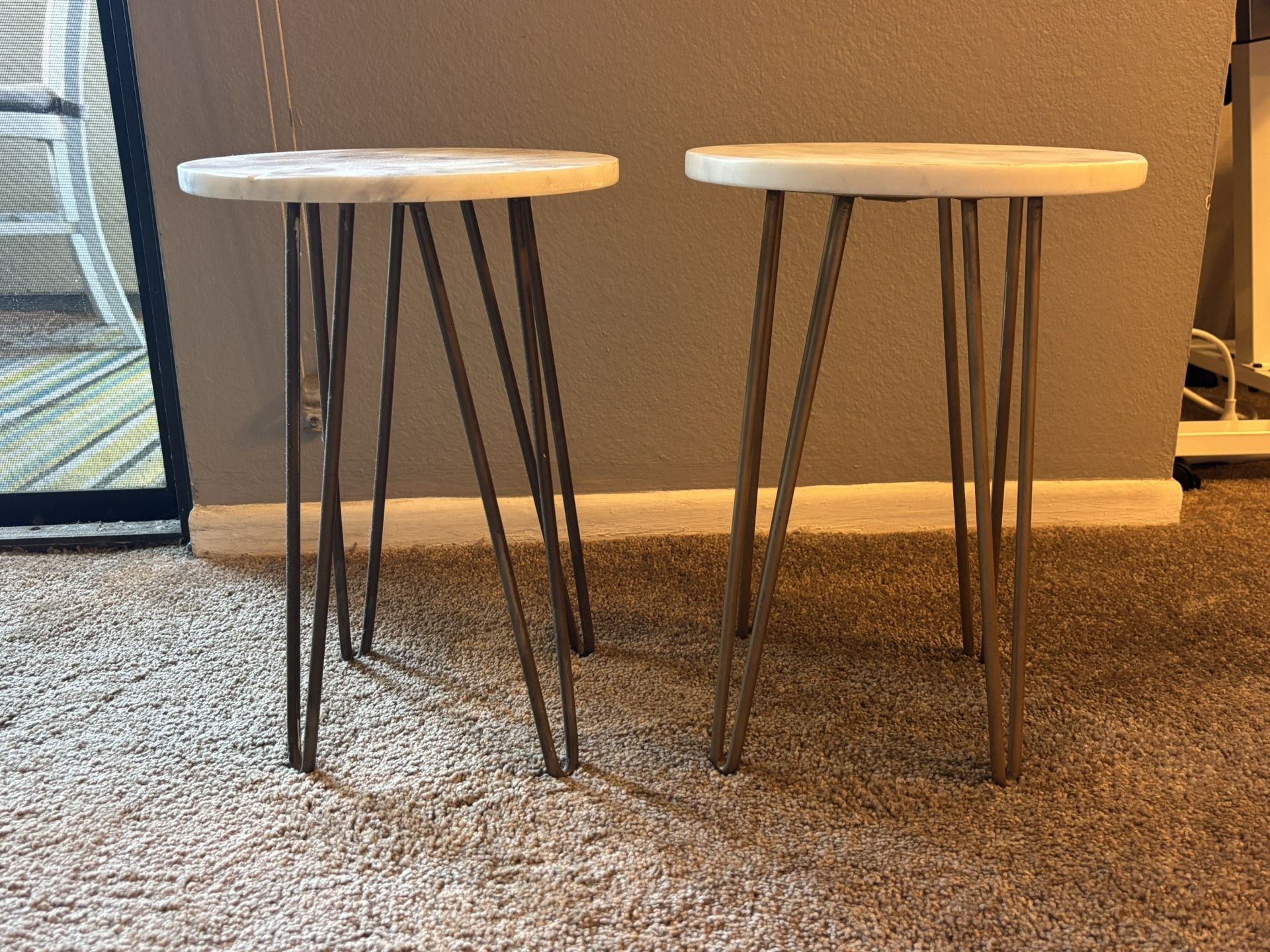 Pair Of Tiny Marble Tables  With Brass Legs 