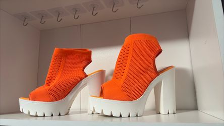 Neon Orange Knit Platform Block Heel Mules