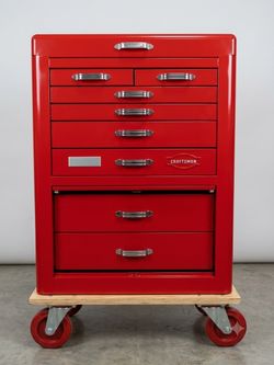 Large Red Metal Tool Chest on Rolling Dolly – Multi‑Drawer Storage