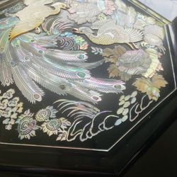 Antique Lacquered Wood & Inlaid Abalone Mother Pearl Sweetmeat Box, Vanity Covered Trinket Jewelry Case, Ornate Exotic Birds Fish Butterfly 