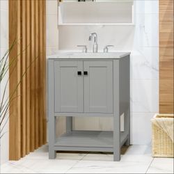 Grey Bathroom Vanity 24" (in) Wide | Quartz Top/Backsplash & Ceramic Bowl Included