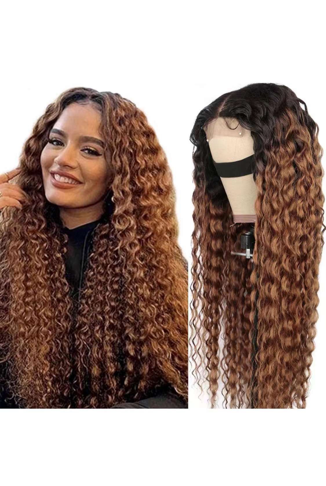 Ombre Water Wave Closure Wig Human Hair Ombre 4x4 Lace Front Wig Pre Plucked Brazilian Curly Wig For Black Women 26 Inch 150% Density Brown
