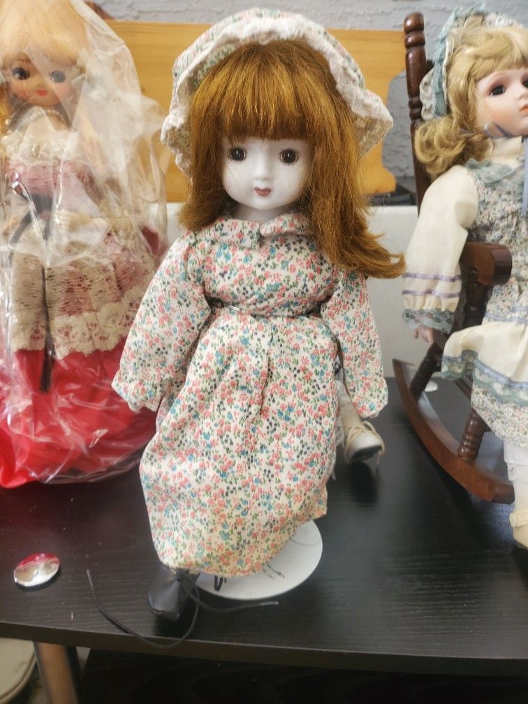 Porcelain Doll Red Hair In A Flower Dress & Hat