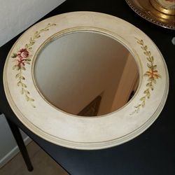 VINTAGE ROUND HAND PAINTED FLORAL FLOWER ROSE SHABBY CHIC CREAM ACCENT TABLE VANITY WALL MIRROR