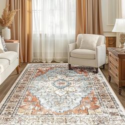 6x9 Area Rug Washable Rugs for Living Room, No Pile Boho Carpet for Entryway Bedroom Dinning Room, Vintage Carpet Print Distressed Non-Slip, 6 x 9 ft