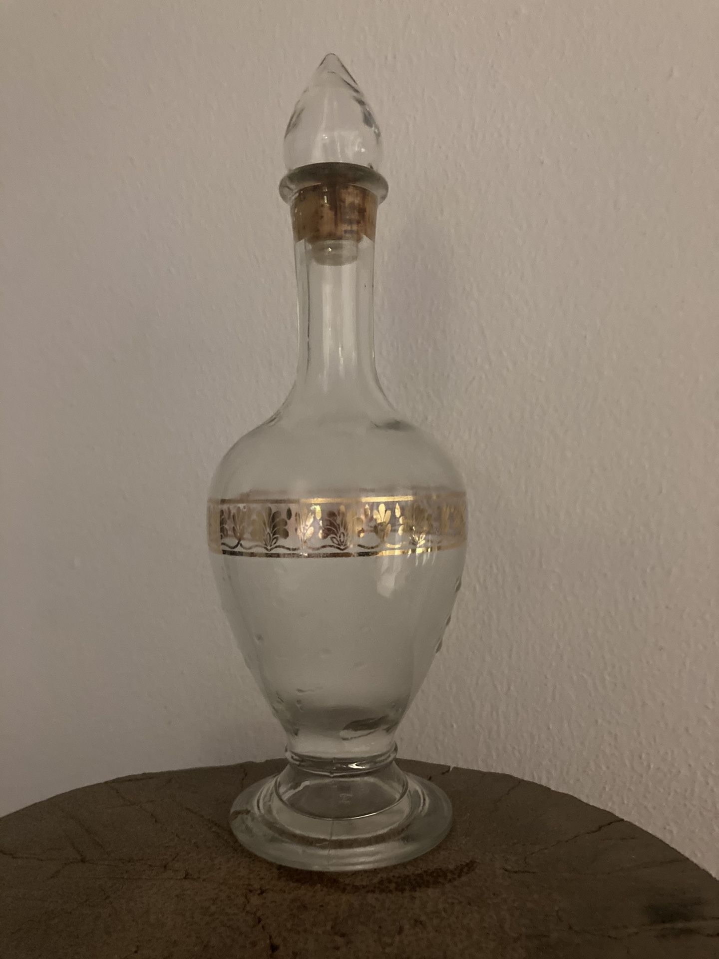 Vintage Clear Glass Genie Bottle W Gold Drsign
