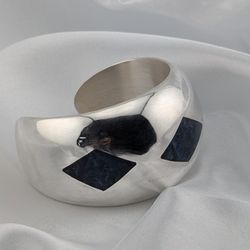 925 Sterling Silver Vintage Mexico Navy Blue Enamel Cuff Bracelet Sizes 7" 