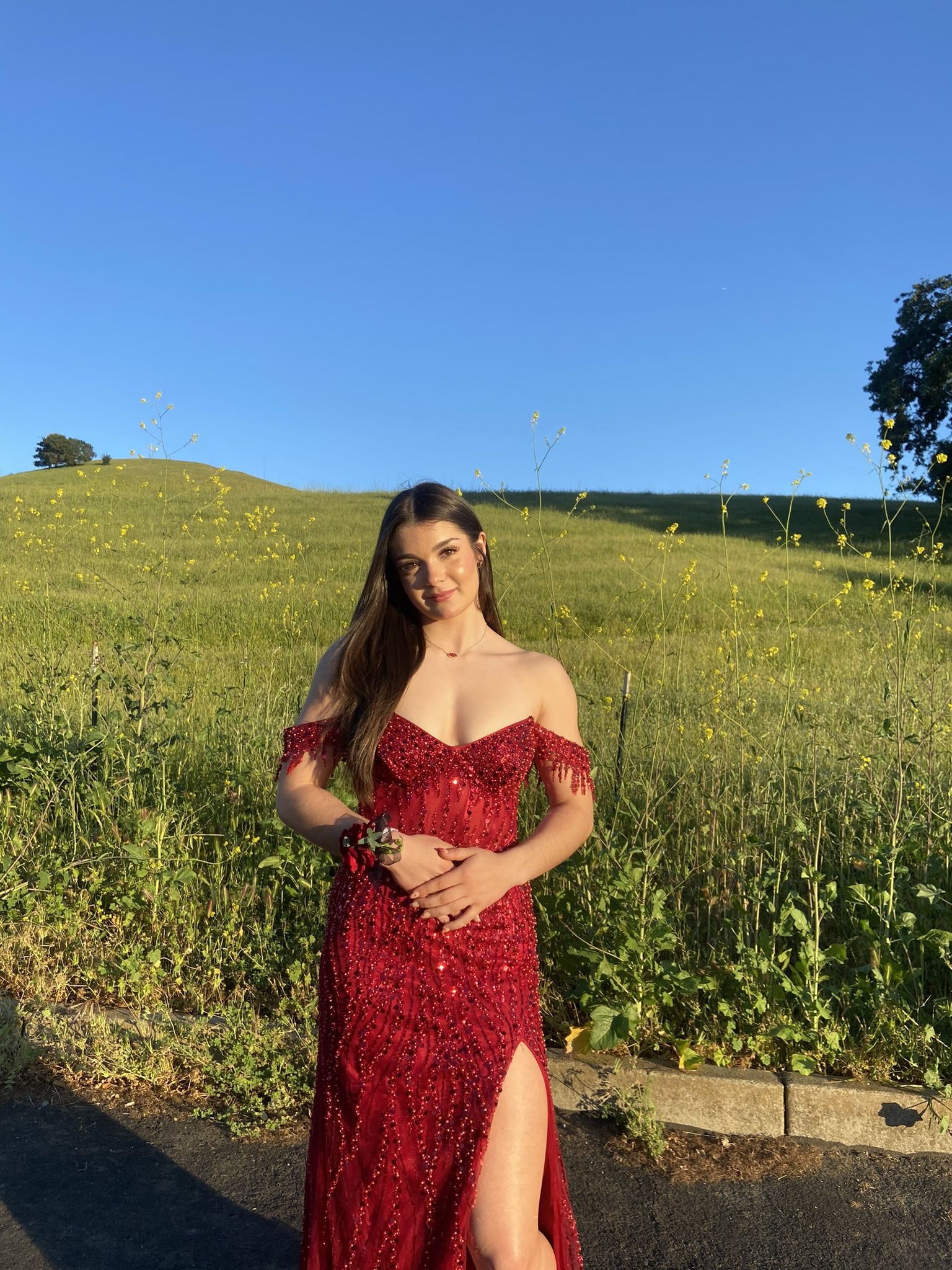 Ladivine Prom Dress , Size M Or Size 6-8 , Red Embellished Off The Shoulder Corset Maxi Prom Dress