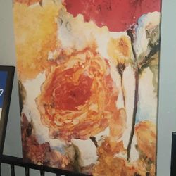 Art Print Framed Floral abstract, primarily featuring red and orange tones. 