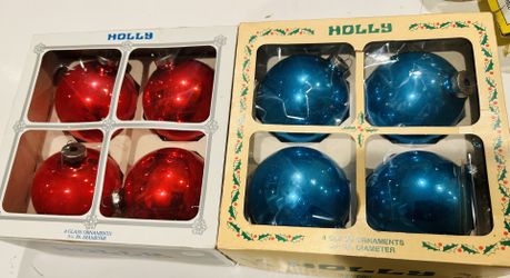 Vintage Holly 3 1/4 IN. Diameter Glass Christmas Ball Ornaments Blue & Red . USA