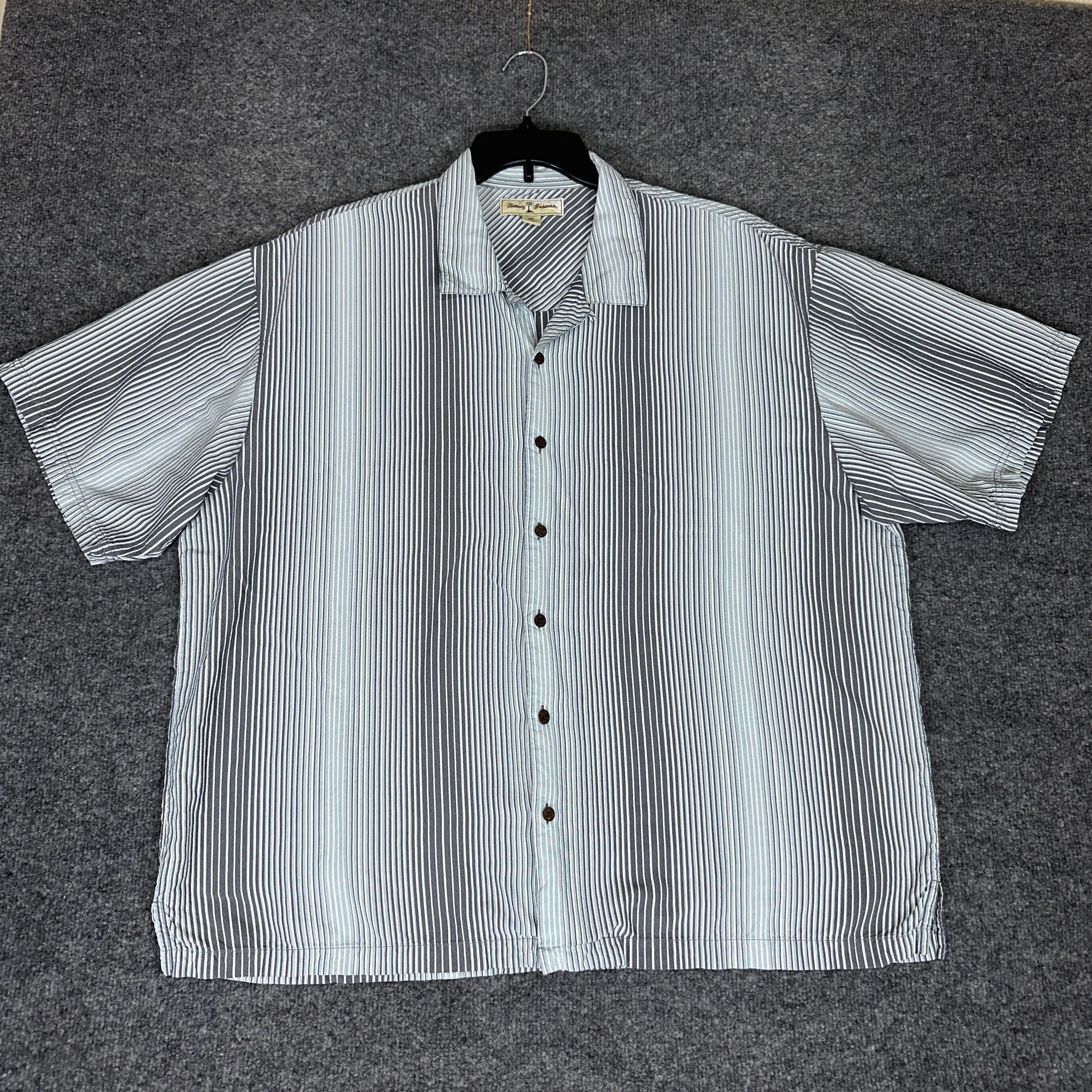 Tommy Bahama Shirt Mens 2XL Blue Grey Striped 100% Silk Button Up Short Sleeve