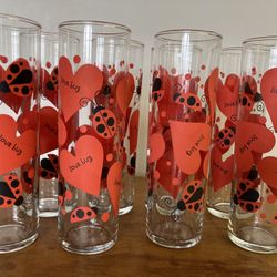 8 Vintage Anchor Hocking Love Bug Cocktail Glasses Valentines Hearts
