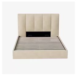 Beige Plywood Frame Queen Size Linen Upholstered Platform Bed with Lifting Storage