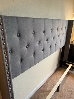 QUEEN Gray Upholstered Bed Frame with Tufted Headboard