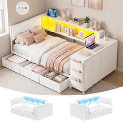 White Twin Size Corner Bed Frame with Storage Dresser and Bookcase