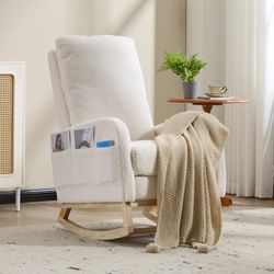 [Free shipping] Modern rocking chair, solid wood legs, living room lounge chair with high backrest (white, teddy bear pattern)