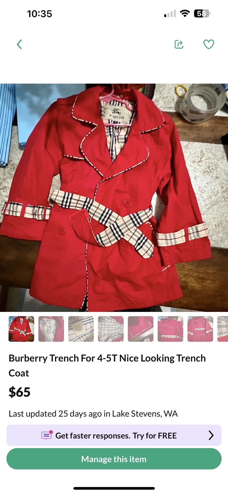 Burberry Trench. Red. For 4-5 Yo Girl. Beautiful
