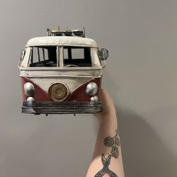Vintage Metal VW Bus Model Burgundy & Cream w/ Roof Rack Surfboard Decor