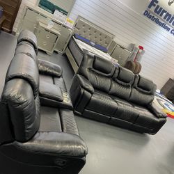 Summer clearance sale. Santiago black leather reclining sofa and loveseat set now $1199. Easy finance option. Same day delivery.
