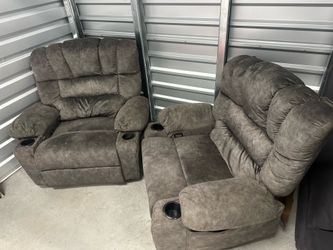 Pair (2) Grey Overstuffed Home Theater Recliner Chairs - Super Comfy!