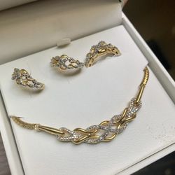 Gold Over Brass 1/2 CTS Diamond 3 Piece Set Necklace Ring Earrings 