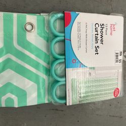 Just Home 13-Piece Shower Curtain Set C-Hooks PVC Free Retro Geo Green White HTF