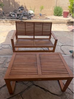 Teak loveseat and coffees table