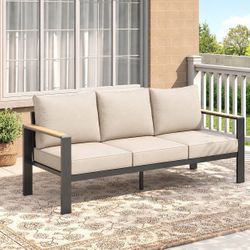 Aluminum Patio Furniture 3-Seat Patio Sofa All-Weather Metal Modern Outdoor Sofa with Washable Thick Cushion for Garden, Balcony, Deck, Backyard (Beig