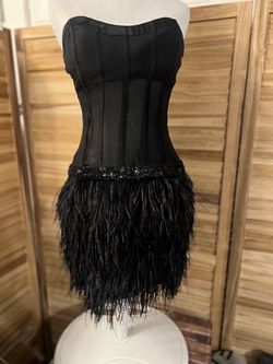 Black Strapless Corset-Style Feathered Mini Dress