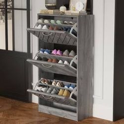 Gray Wood Grain 12-Pair Shoe Storage Cabinet with 3-Drawers and 6-Compartments for Entryway Hallway