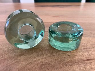 Vintage Blenko emerald green "donut" or "puck" glass candle holders