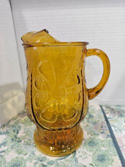 Vintage Libby Amber Daisy Flower Pitcher