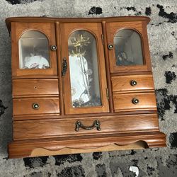 Vintage Large Oak Wood Jewelry Armoire w/Etched Glass Doors H 13’ x W 13’