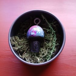 "Galaxy Dayz" Handmade Wooden Pour Painted Mushroom Pendant with Container