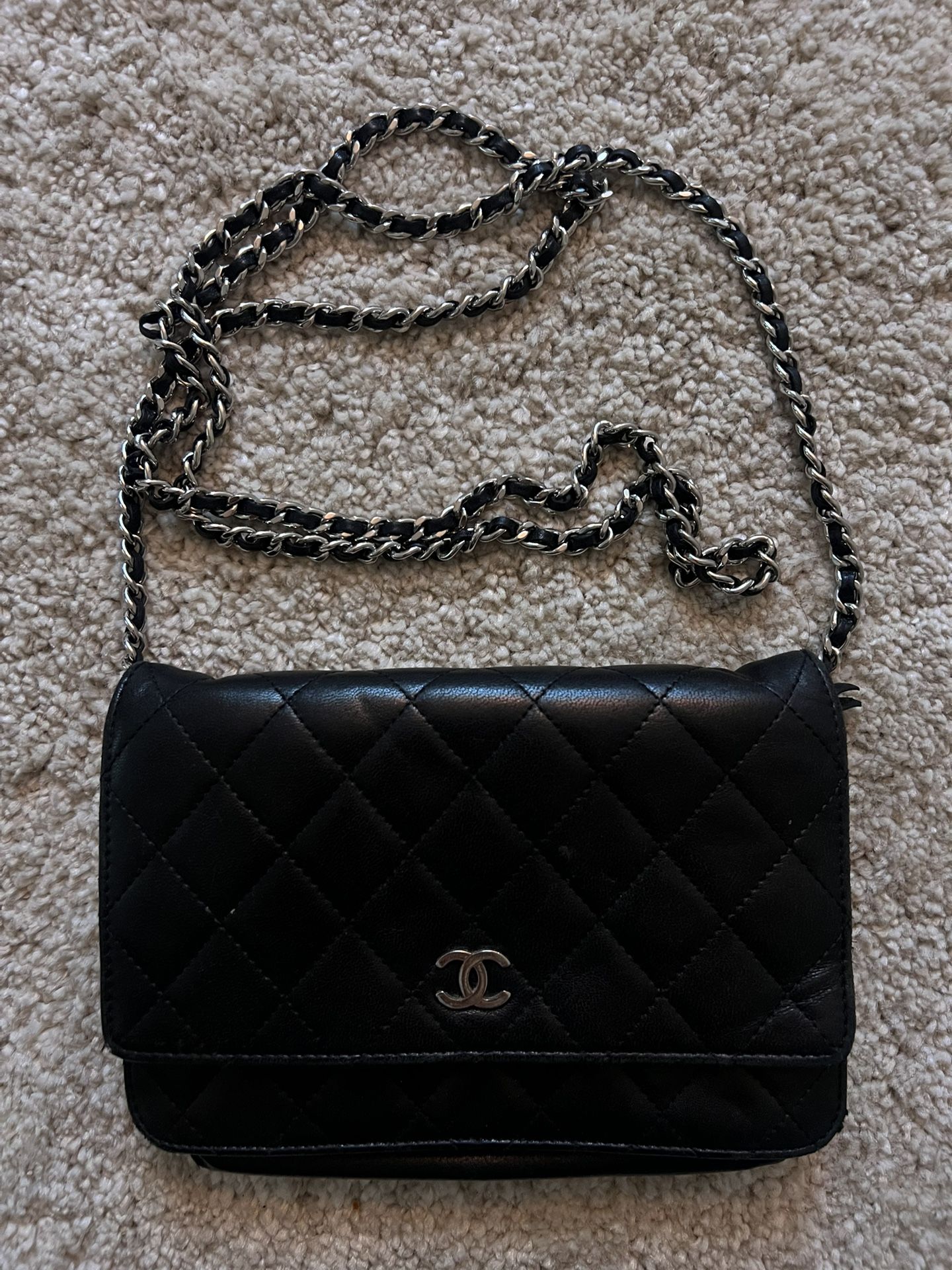 Vintage Chanel Black Quilted Wallet On Silver Chain