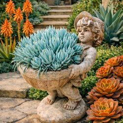 Concrete Boy Statue Garden Flowers Pot Planter Figure Cement Boy with Planter on Back Outdoor Sculpture Massive Patio Decoration Lawn Stone Ornament