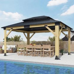 Outdoor Wooden Gazebo, Patio Galvanized Steel Gazebos with Double Vented Roof, Heavy-Duty Cedar Wood for Garden Use Solution