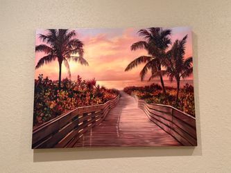 Like New Large Canvas Sunset Palm Tree Wall Art Picture, Size 36 by 48